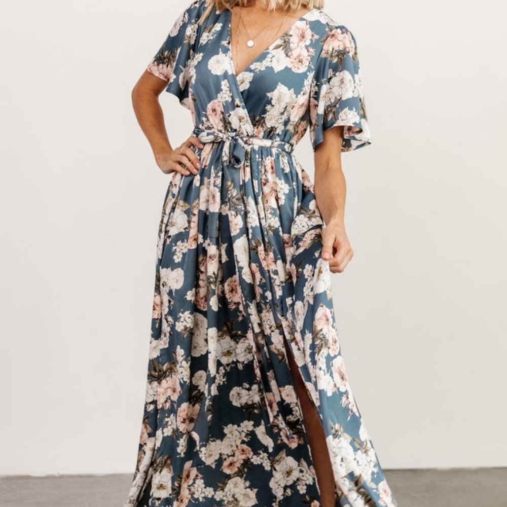 NWOT Blue Floral Sicily Satin Maxi Dress (XL)